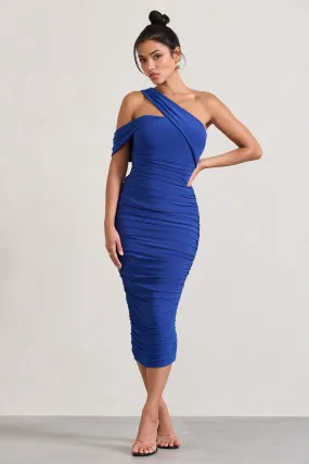 Cici |  Robe mi-longue bleu cobalt asymétrique froncée à une épaule