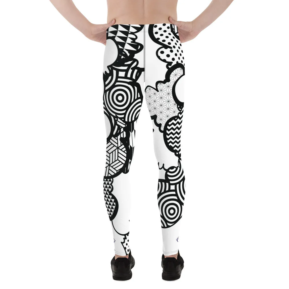 Men's Black and White Graffiti Clouds Pattern Athletic Leggings for Running, Gym, Jiu-Jitsu and MMA