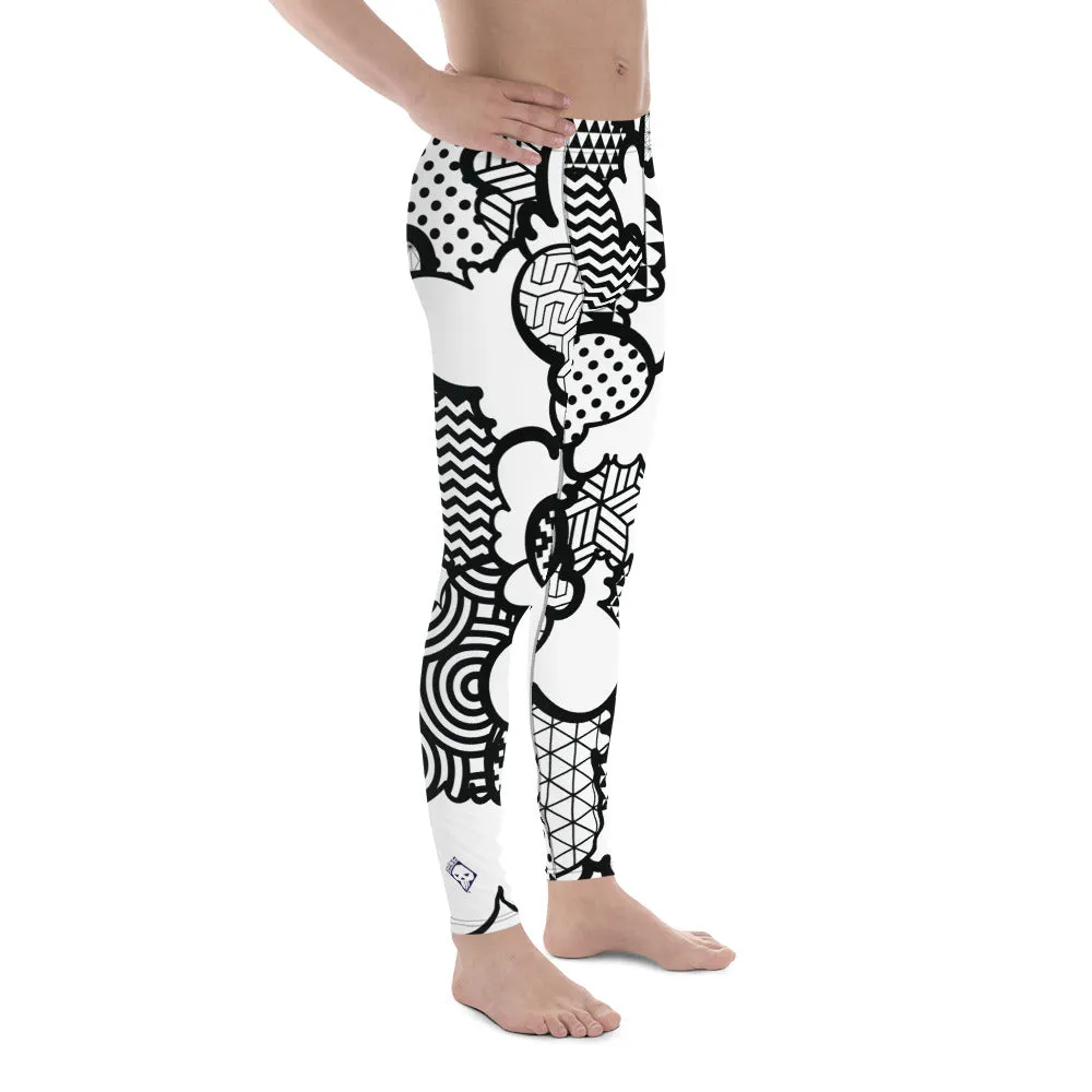 Men's Black and White Graffiti Clouds Pattern Athletic Leggings for Running, Gym, Jiu-Jitsu and MMA