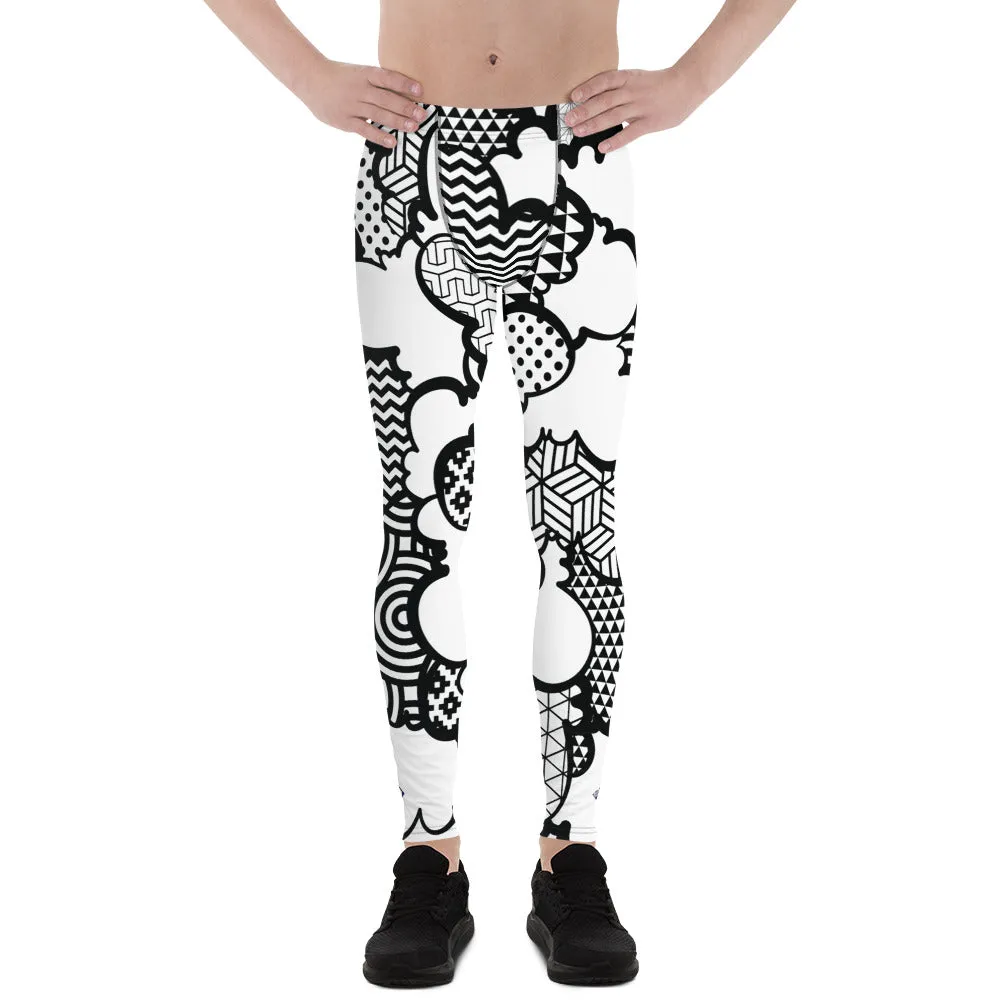 Men's Black and White Graffiti Clouds Pattern Athletic Leggings for Running, Gym, Jiu-Jitsu and MMA