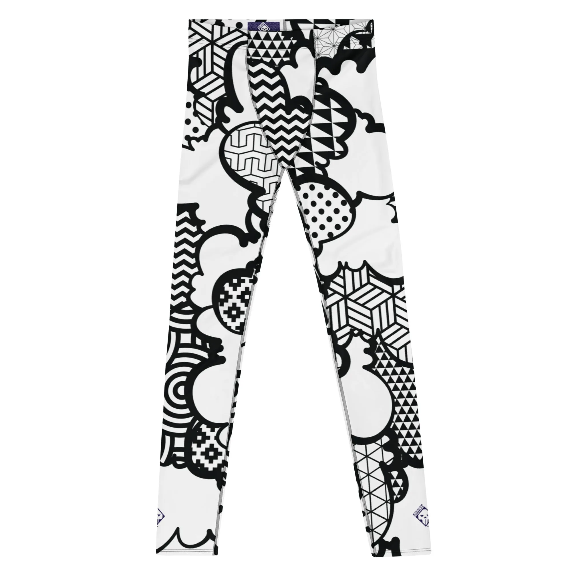 Men's Black and White Graffiti Clouds Pattern Athletic Leggings for Running, Gym, Jiu-Jitsu and MMA